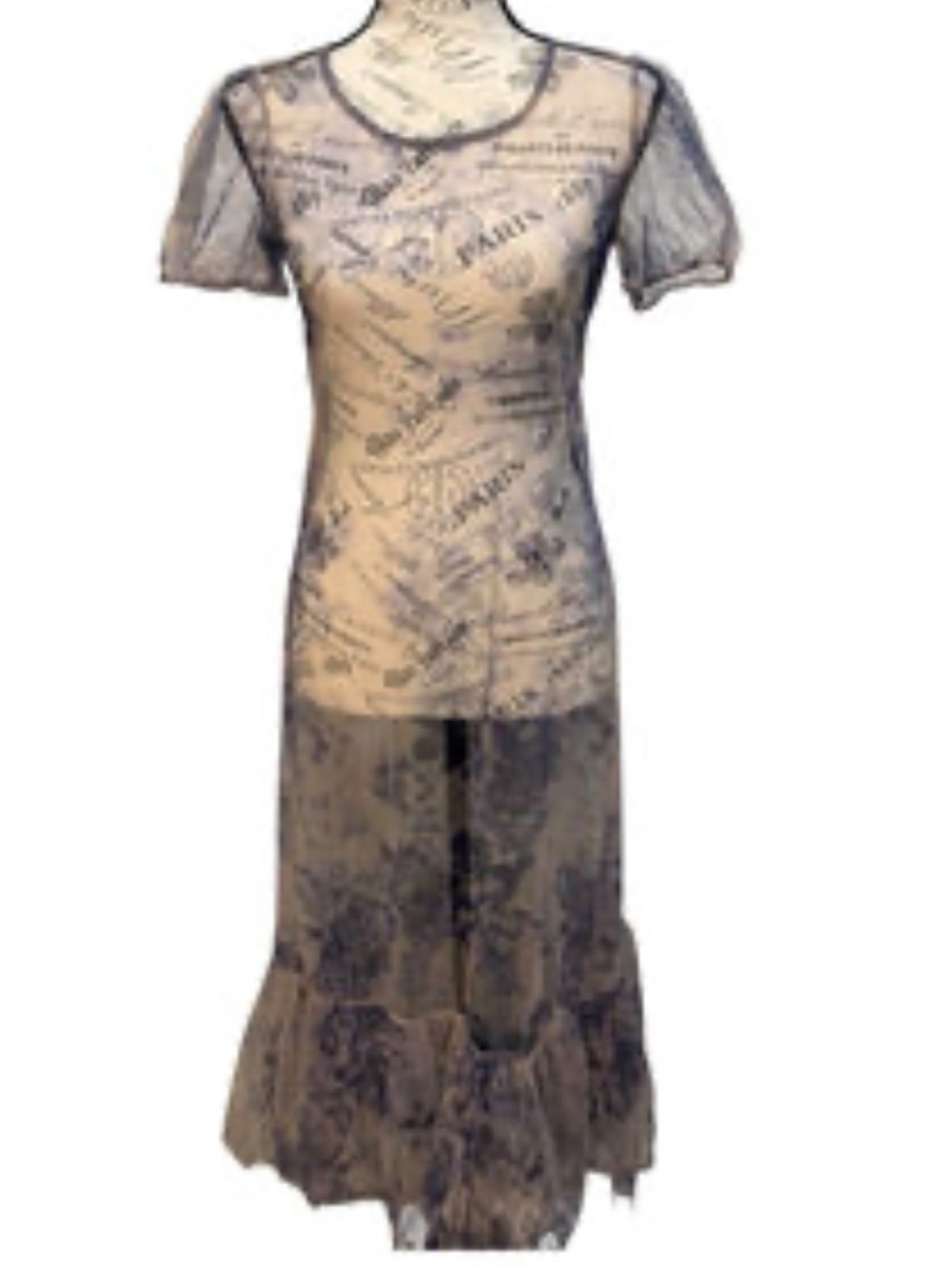 Intimately Free People sheer navy printed maxi dress with tiered ruffle hem m/l